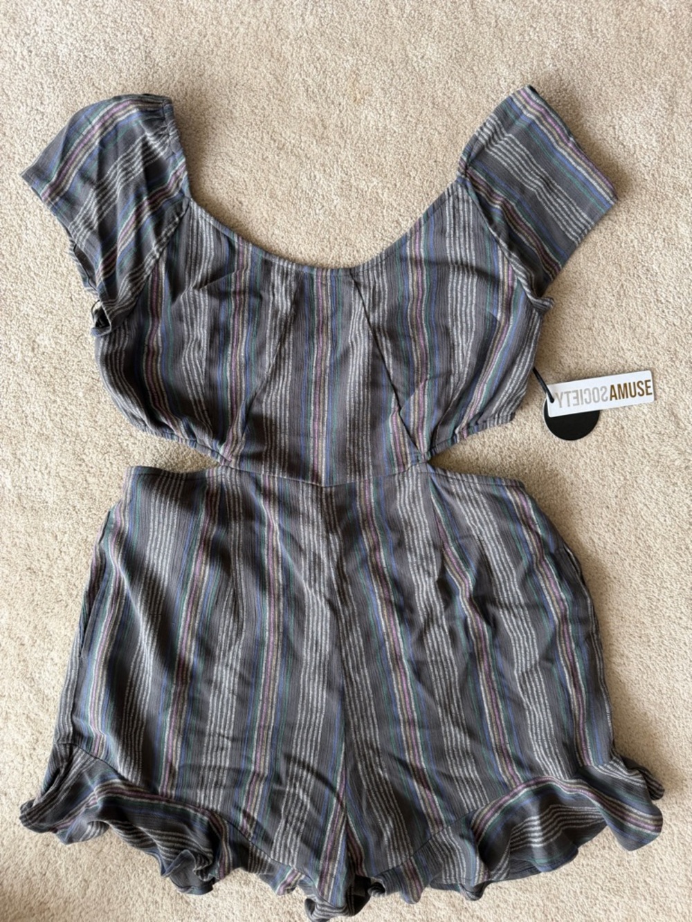 NWT Amuse Society Striped Cutout Romper in Gray with Pastel Stripes